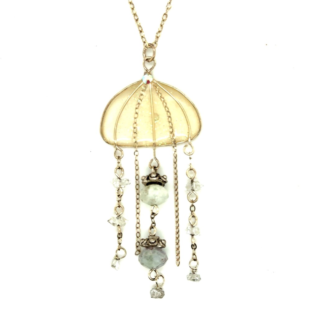 Sterling Silver Jellyfish Pendant Necklace Glitter Resin Crystal Beads 17 In